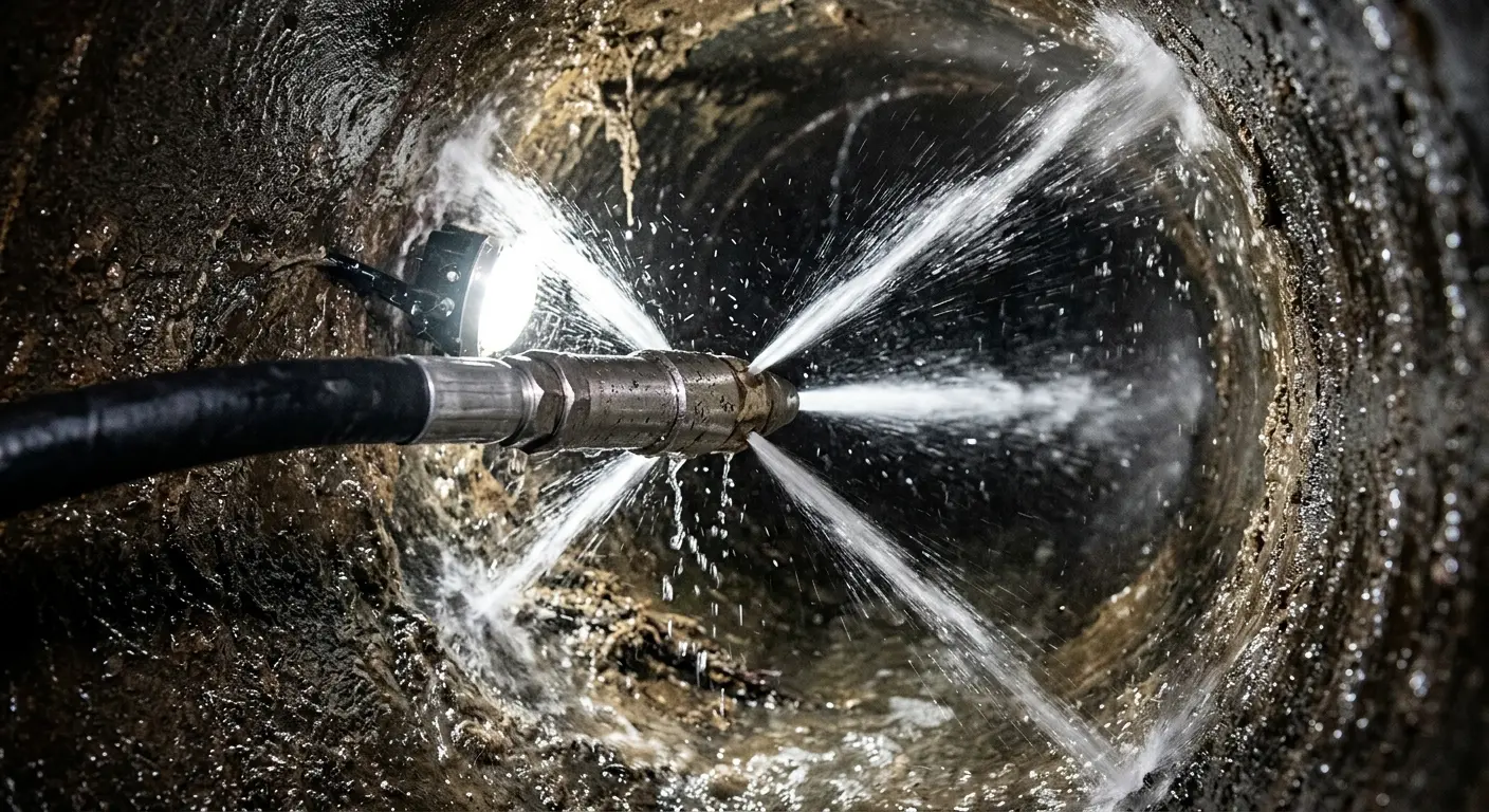 High-pressure hydro jetting nozzle cleaning sewer pipe for Storm Drain Cleaning in Virginia Beach
