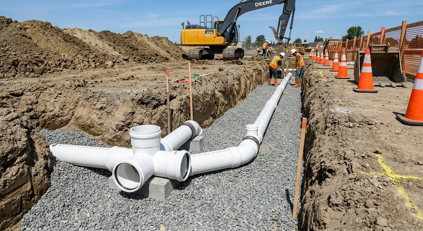 New PVC sewer pipe installation in open trench for Grease Trap Cleaning in Virginia Beach