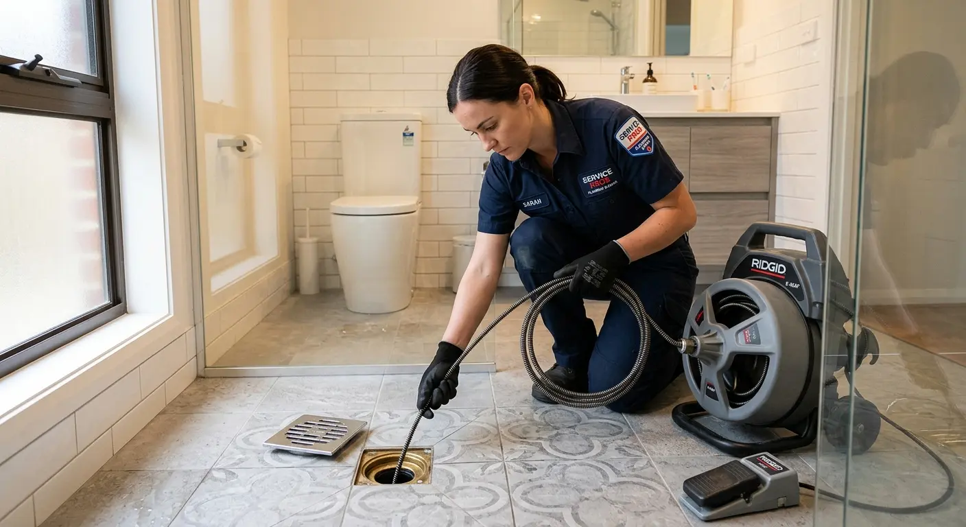 Technician clearing a bathroom floor drain for Hydro Jetting in Virginia Beach
